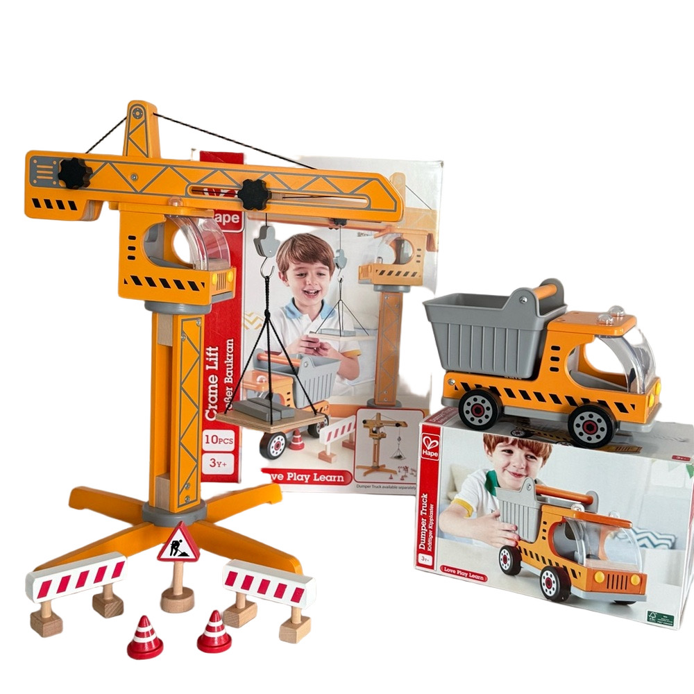 Hape Playscapes Crane Lift & Dump Truck Playset Wooden Construction Vehicles NEW